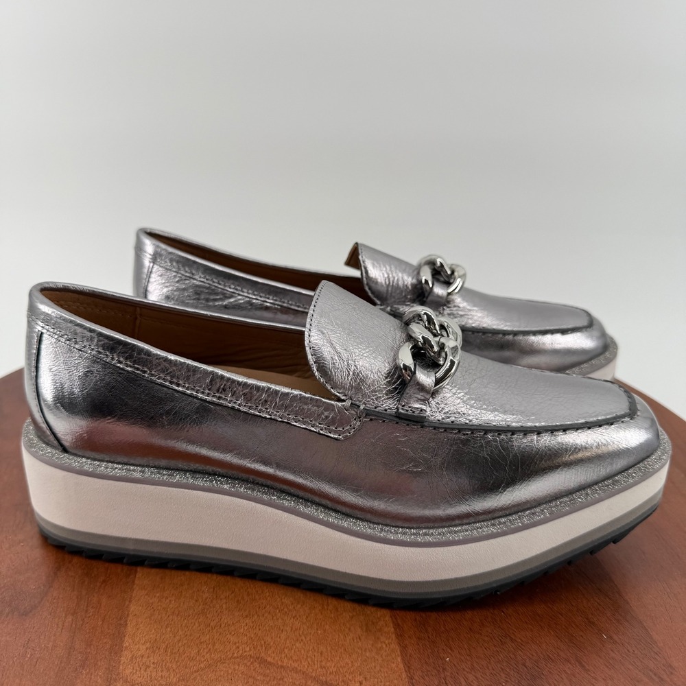 Johnston & Murphy Womens Silver Metallic Leather Platform Chain Loafers 8M
